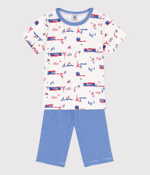 Korte katoenen jongenspyjama met Parijs-print wit/multicouleur