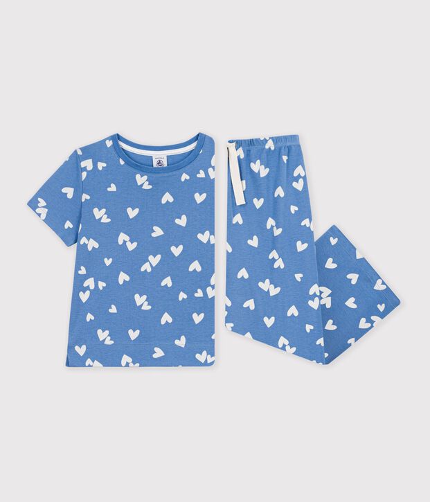 Pyjama enfant en coton jambes larges &agrave; c&oelig;urs bleu/blanc