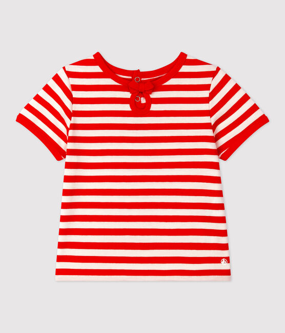Gestreept T-shirt met korte mouwen in jersey voor baby's rood PEPS/wit MARSHMALLOW