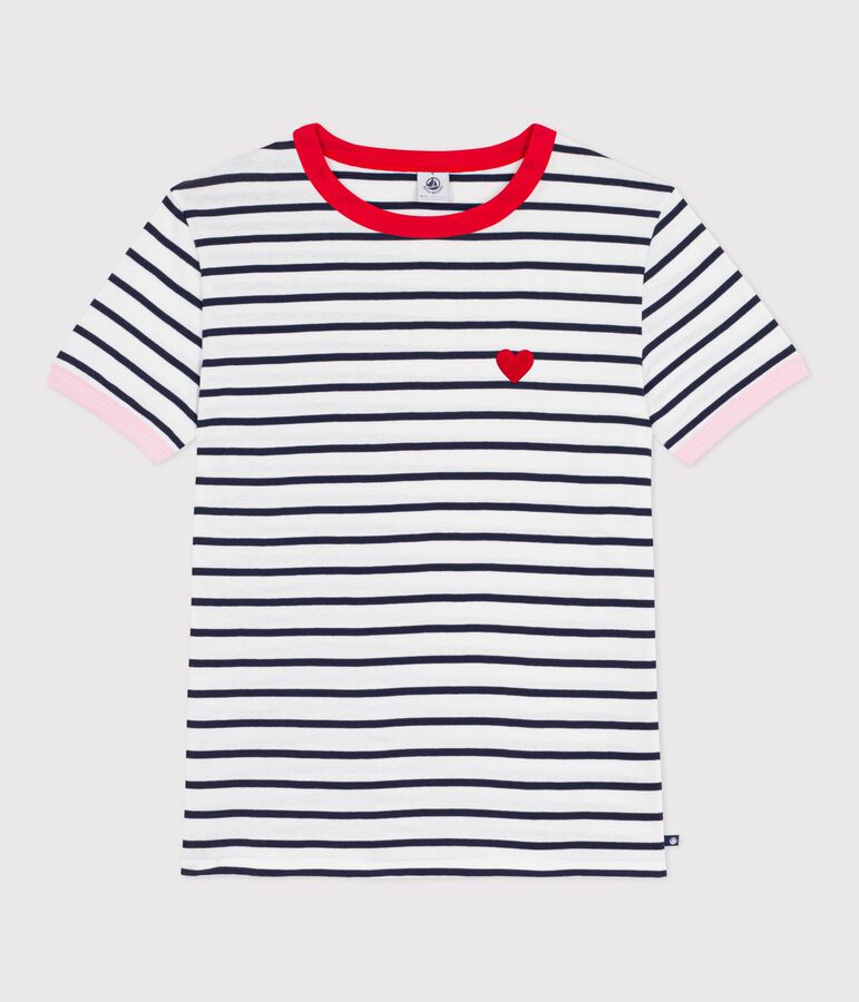 Dames katoenen T-shirt met korte mouwen wit/blauw