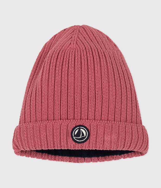Met fleece gevoerde gebreide babymuts roze