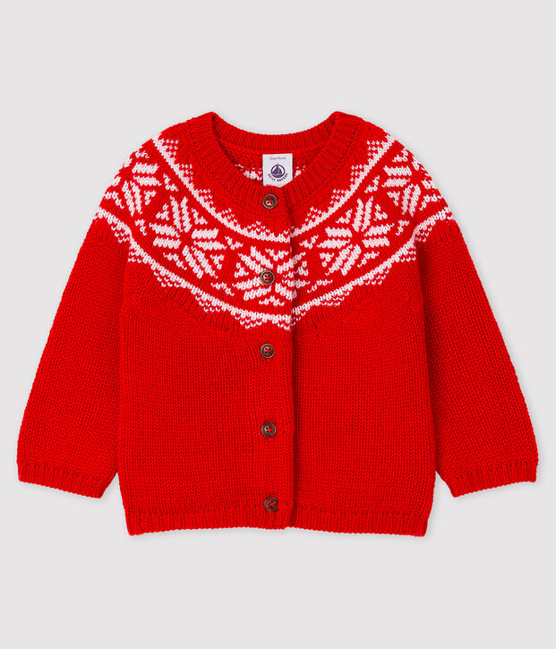 Cardigan 100% laine b&eacute;b&eacute; rouge/blanc