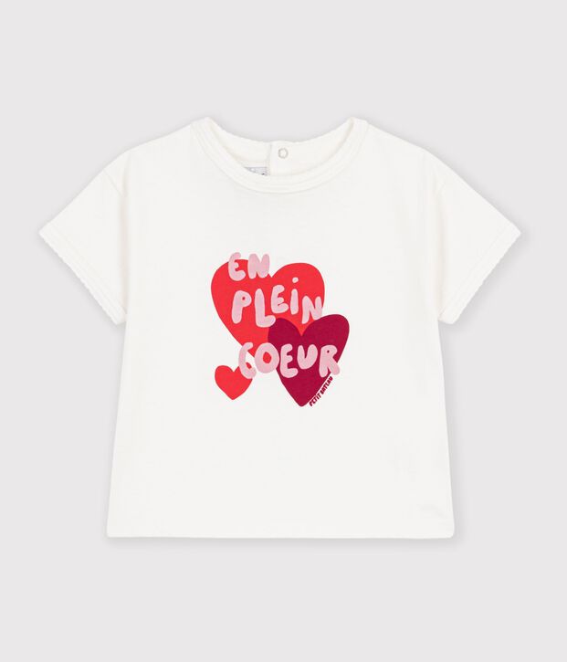 Katoenen effen T-shirt met korte mouwen en motiefje voor baby's wit