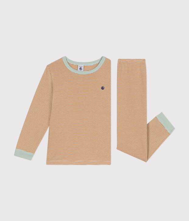 Pyjama en coton ray&eacute; enfant marron/blanc
