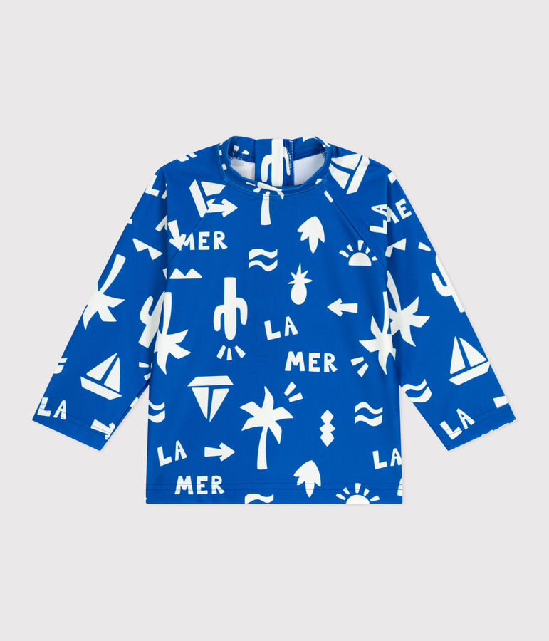 T-shirt anti UV b&eacute;b&eacute;, imprim&eacute; plage bleu/blanc