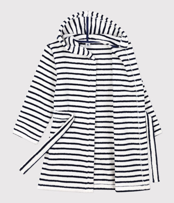 Gestreepte badjas in badstof voor meisjes/jongens wit LAIT/blauw MEDIEVAL