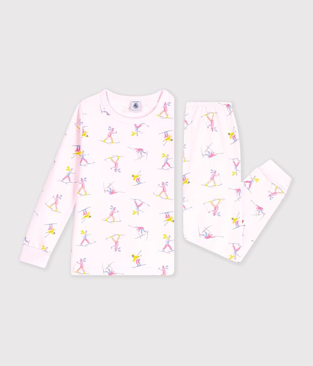 Kinderpyjama van fleece met skiprint roze/multicouleur