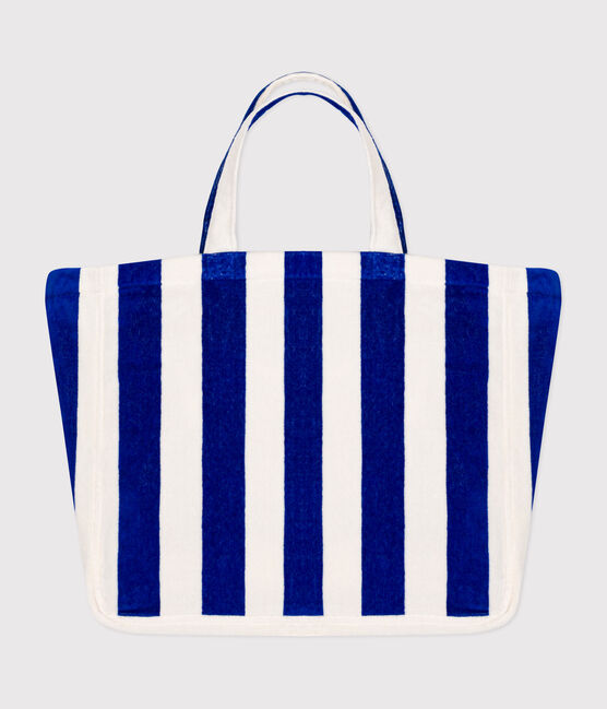 SAC DE PLAGE FEMME RAYE EN BOUCLETTE EPONGE  bleu SURF/blanc MARSHMALLOW
