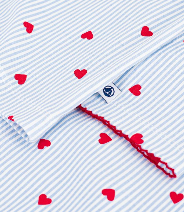 Pyjama boutonn&eacute; femme en coton imprim&eacute; &agrave; rayures et c&oelig;urs blanc/multicouleur