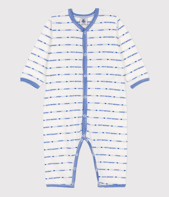 Dors-bien sans pieds jacquard en coton blanc MARSHMALLOW/bleu PERSE