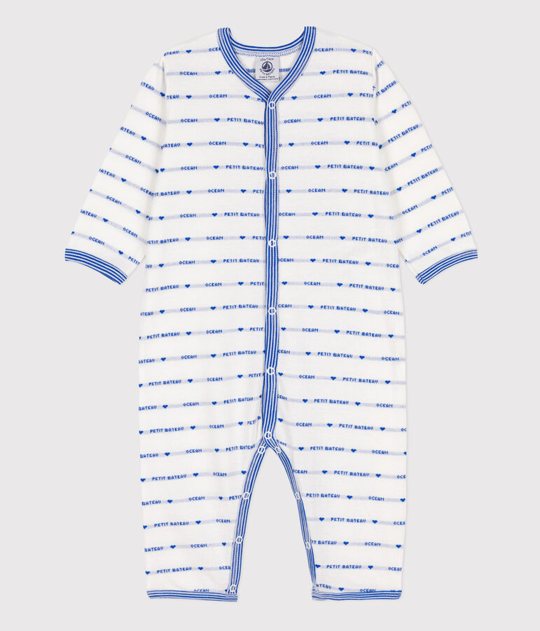 Jacquard pyjama zonder voetjes in katoen wit/blauw
