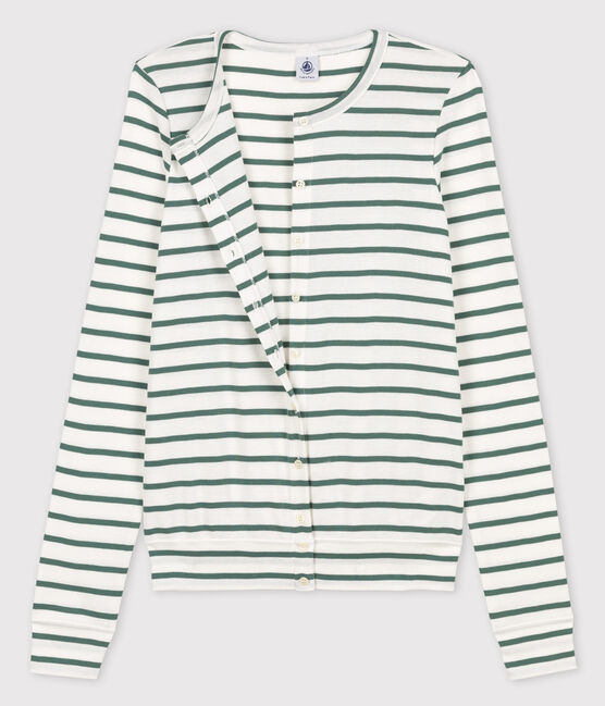 Iconisch gestreept katoenen cardigan Dames wit MARSHMALLOW/groen VALLEE