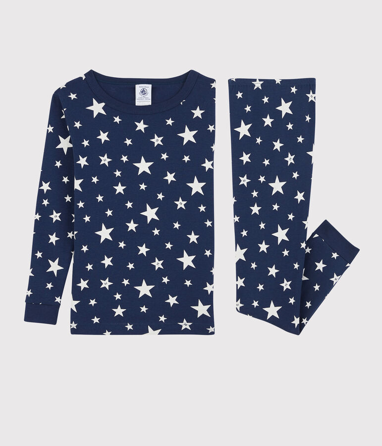 Snugfit pyjama met sterretjes voor kleine jongens in katoen blauw MEDIEVAL/wit MARSHMALLOW