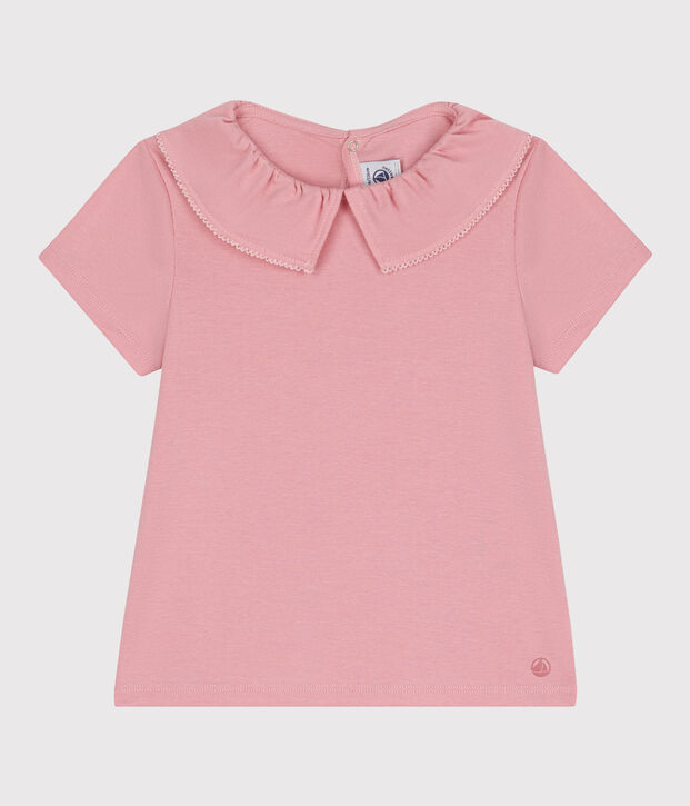 Tee-shirt enfant en coton manches courtes &agrave; col uni rose
