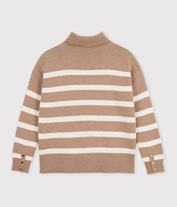 Pull &agrave; col roul&eacute; femme en laine et coton &agrave; rayures beige/&eacute;cru