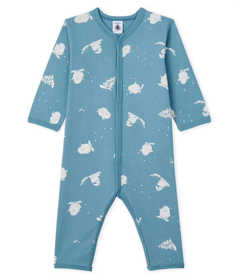 Voetloos katoenen slaappakje baby met y&eacute;ti print blauw/wit