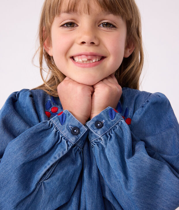 Robe enfant manches longues en denim bleu