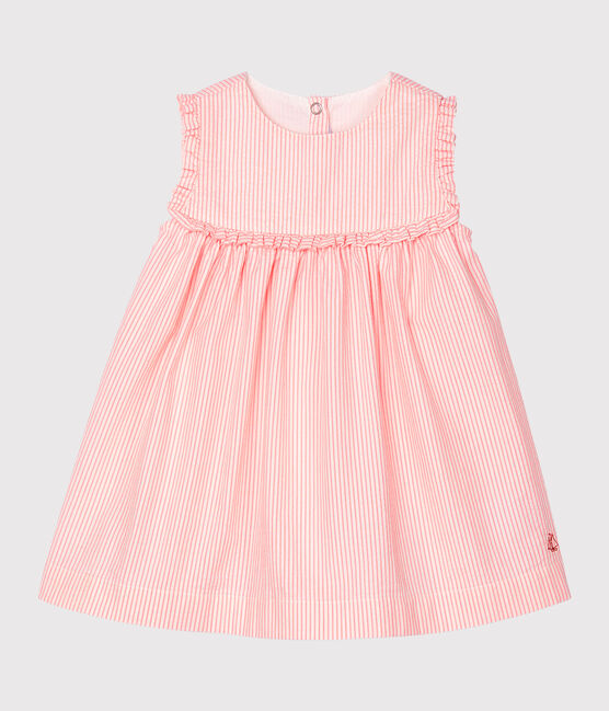 Mouwloos jurkje met strepen babymeisje wit MARSHMALLOW/roze ROSAKO