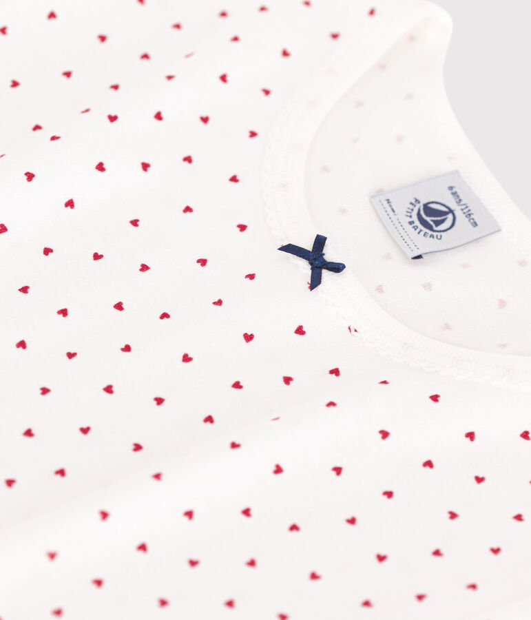 Katoenen nachthemd met korte mouwen en hartjes voor kinderen wit MARSHMALLOW/rood TERKUIT
