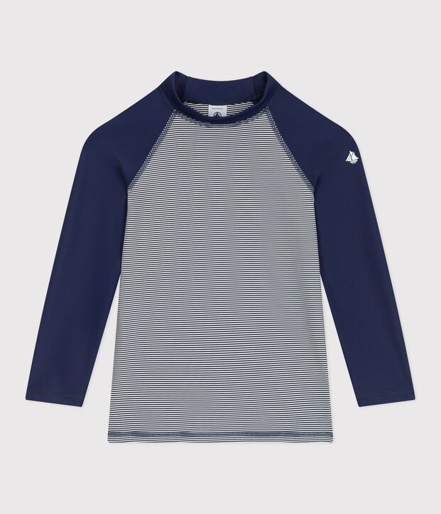 Tee-shirt de bain anti uv enfant manche longue &agrave; rayures bleu/blanc