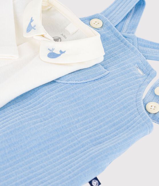 Effen katoenen babysetje met salopette/rompertje, verfraaid met geborduurde details blauw FLO/ MILK
