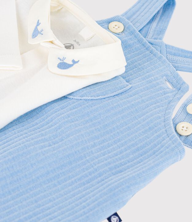Effen katoenen babysetje met salopette/rompertje, verfraaid met geborduurde details blauw/ecru