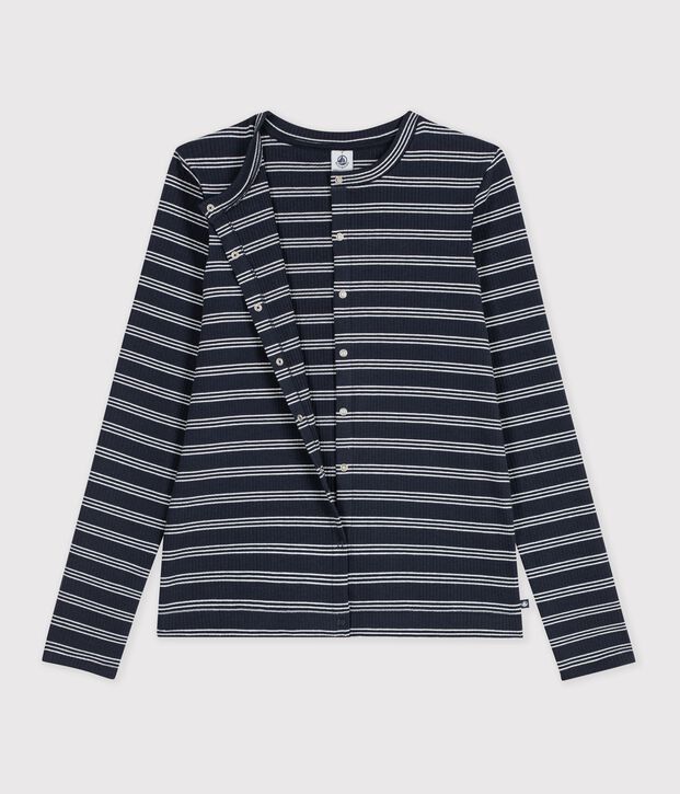 Cardigan femme en coton &agrave; rayures bleu/blanc
