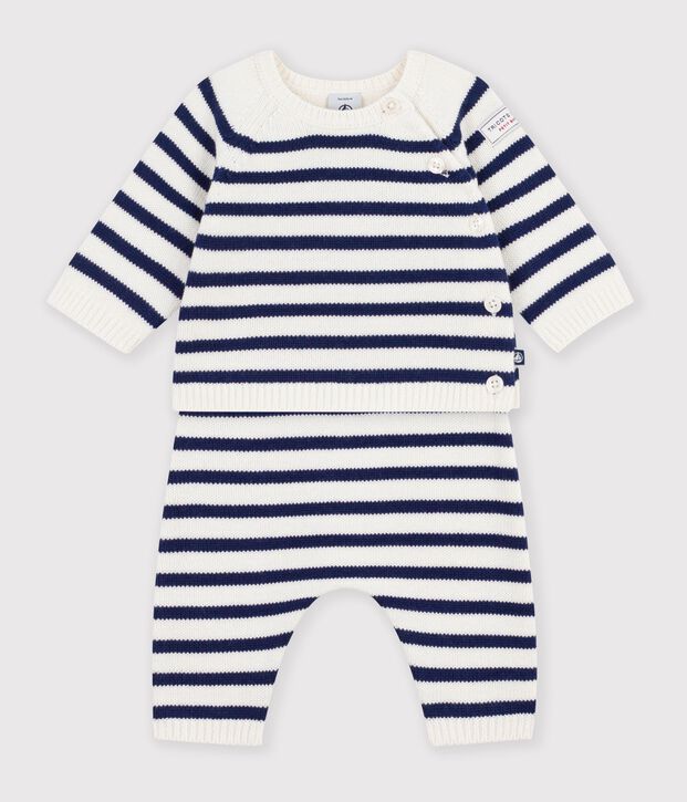 Ensemble b&eacute;b&eacute; en tricot &agrave; rayures bleu/bleu