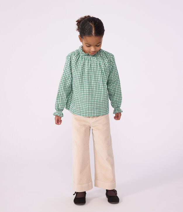 Katoenen kinderbloesje met kraag, lange mouwen en print groen/wit