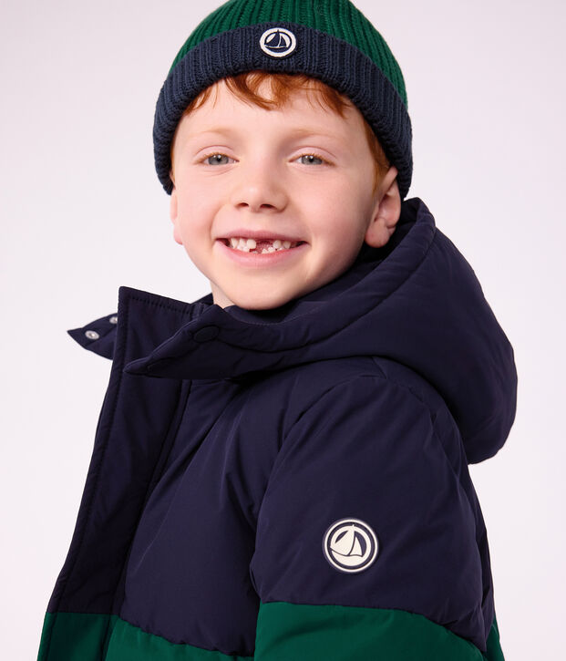 Effen donsjack voor kinderen met colorblock groen/blauw