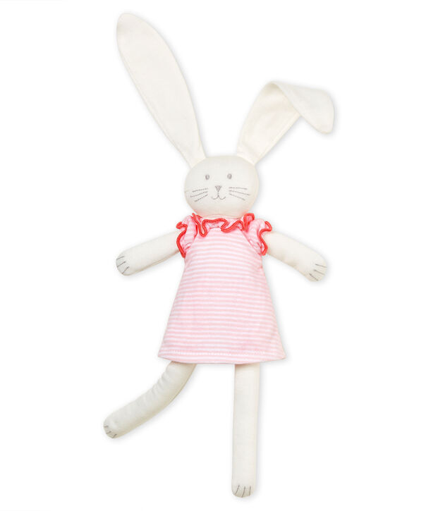 Doudou lapin habill&eacute; rose/blanc