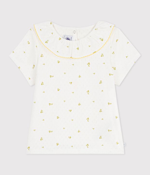 Tee-shirt enfant manches courtes en coton imprim&eacute; fleurs blanc/vert