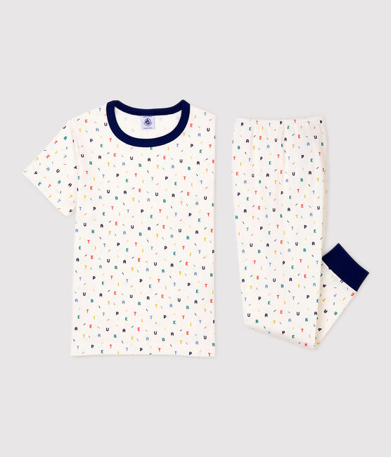 Pyjama à manches courtes imprimé lettres multicolores petit garçon en coton biologique blanc MARSHMALLOW/blanc MULTICO