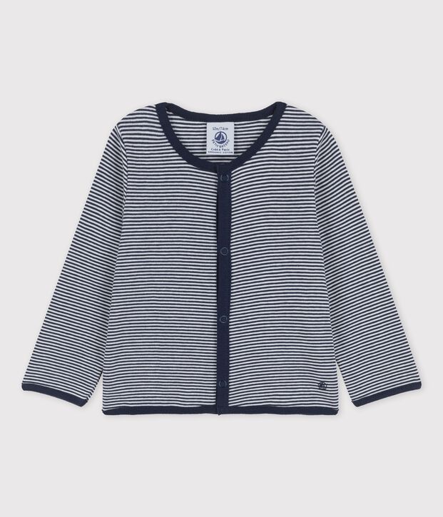 Cardigan ray&eacute; milleraies en coton bio b&eacute;b&eacute; bleu/blanc