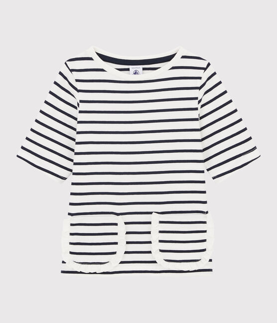 Gestreept T-shirt meisjes kinderen wit MARSHMALLOW/blauw SMOKING