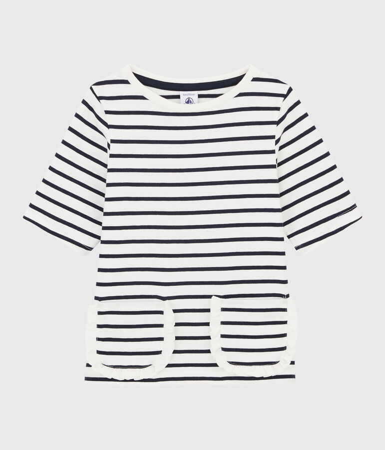 Tee-shirt ray&eacute; enfant fille blanc MARSHMALLOW/bleu SMOKING