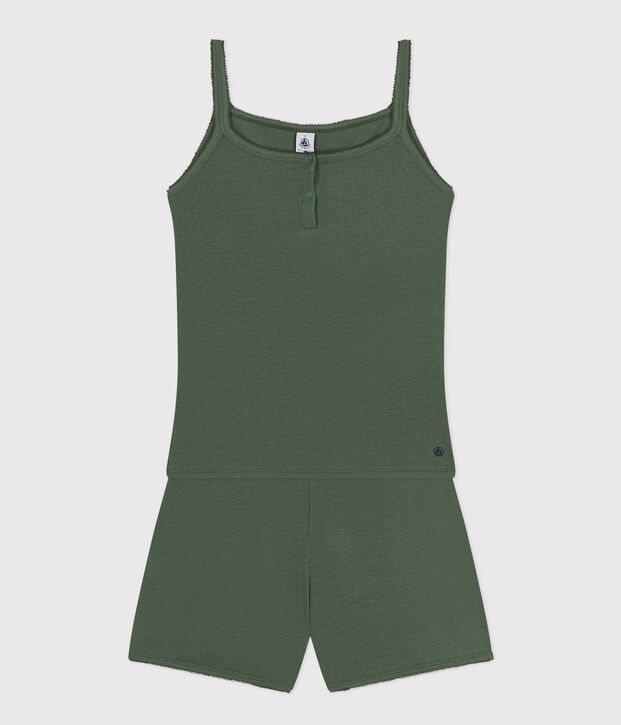 Pyjama short et d&eacute;bardeur uni en coton et lyocell femme vert