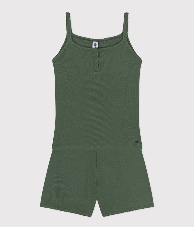 Pyjama short et d&eacute;bardeur uni en coton et lyocell femme vert