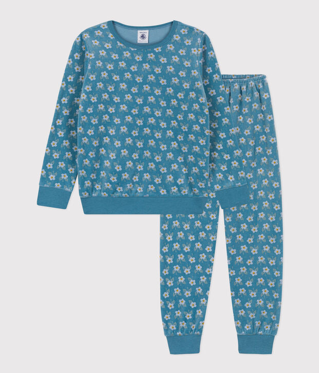 Fluwelen meisjespyjama met bloemetje blauw/multicouleur