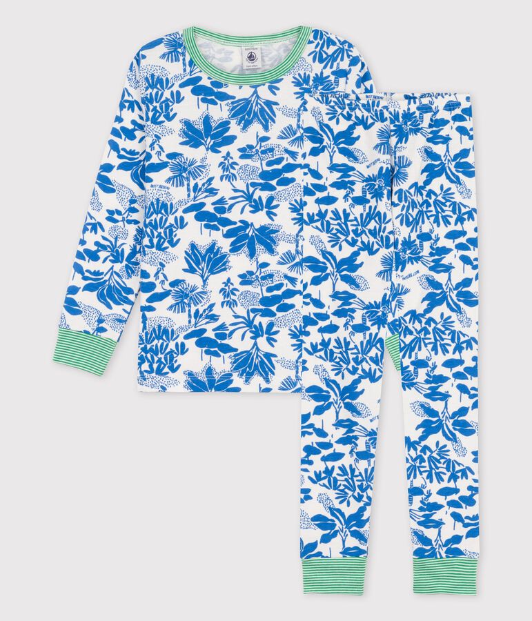 Katoenen jongenspyjama met plantenprint wit/blauw