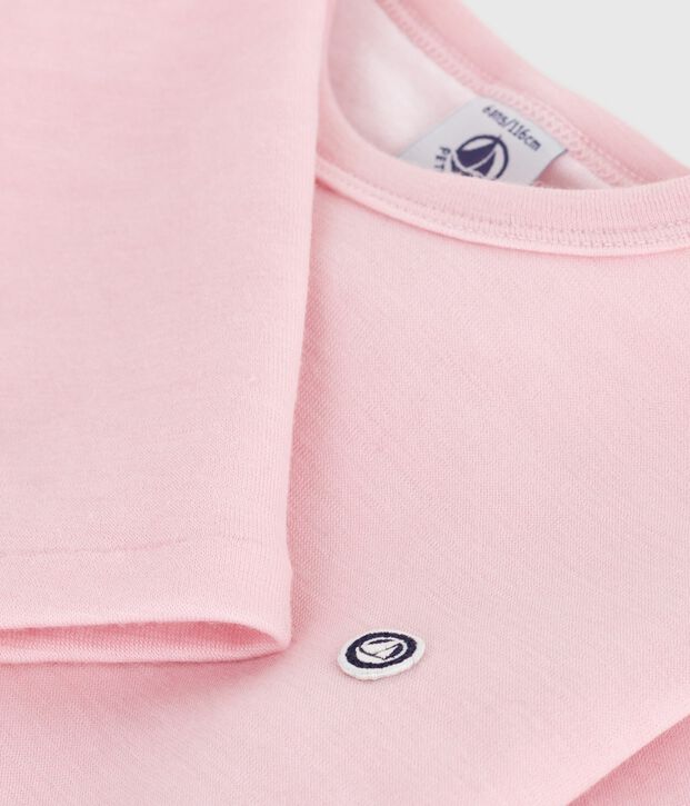 Tee-shirt enfant en laine et coton manches longues uni rose clair
