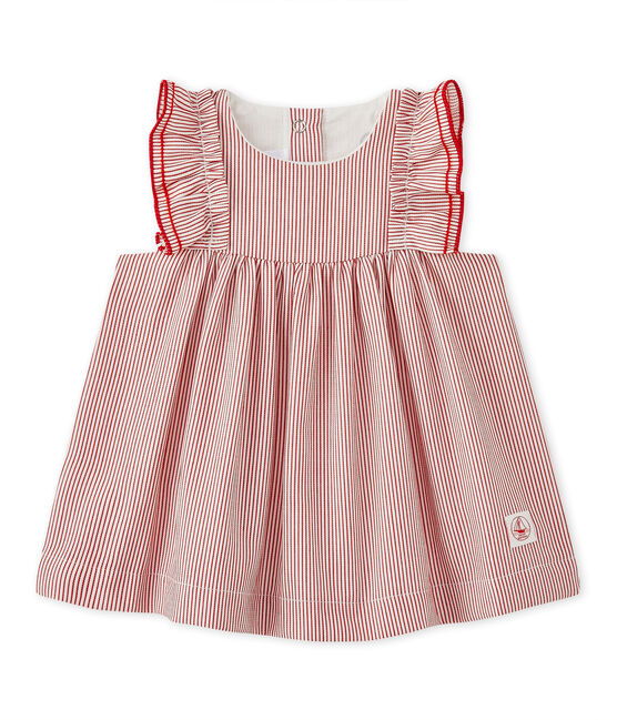 Robe bébé fille en popeline rayée blanc LAIT/rouge TERKUIT