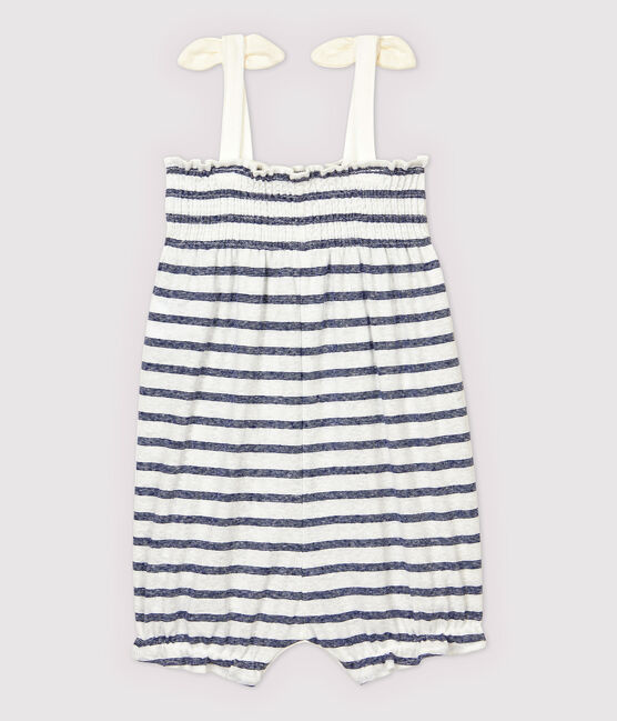 Korte gestreepte katoenen/linnen jumpsuit voor meisjes wit MARSHMALLOW/blauw MEDIEVAL