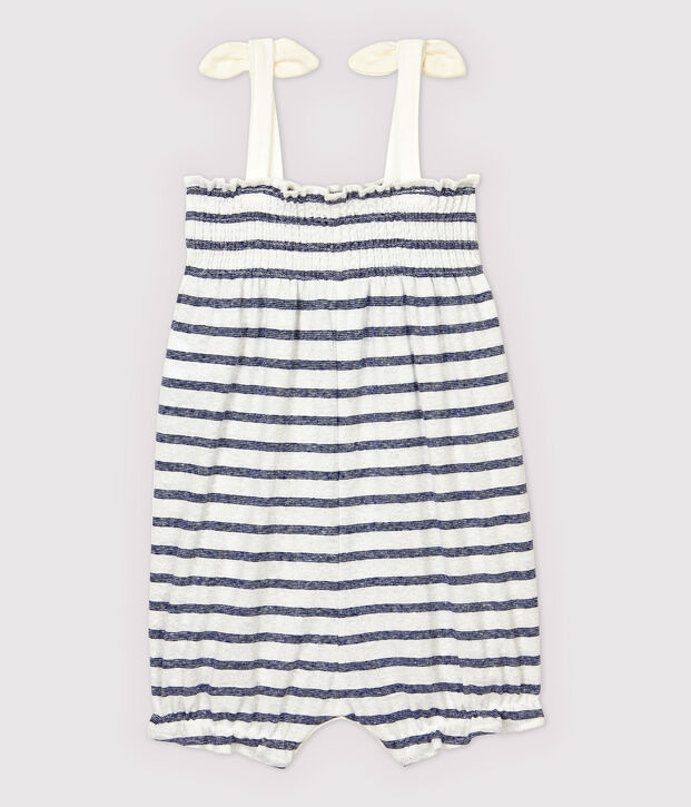 Korte gestreepte katoenen/linnen jumpsuit voor meisjes wit/blauw