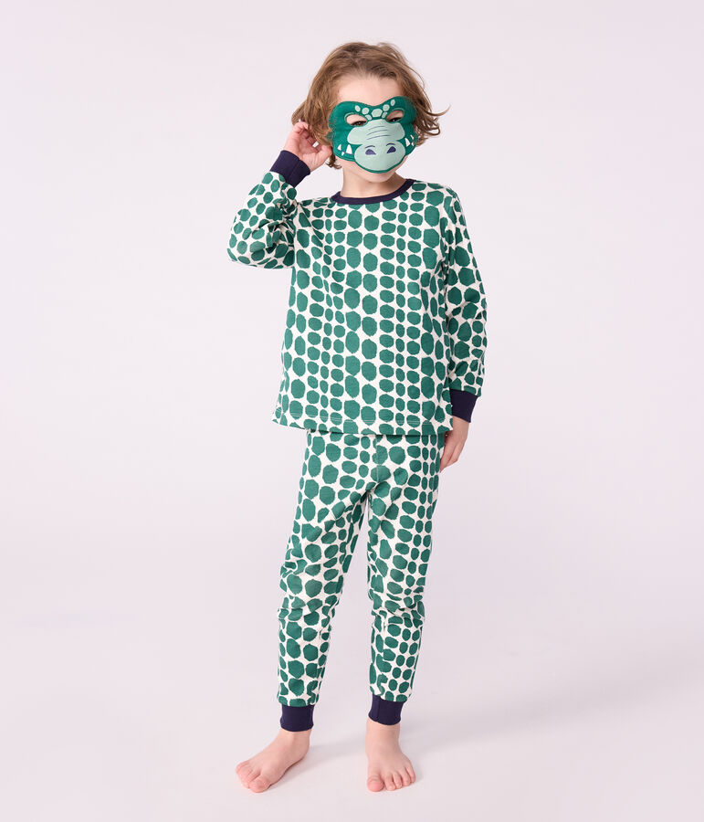 Katoenen verkleedpyjama met krokodilprint voor kinderen ecru/groen