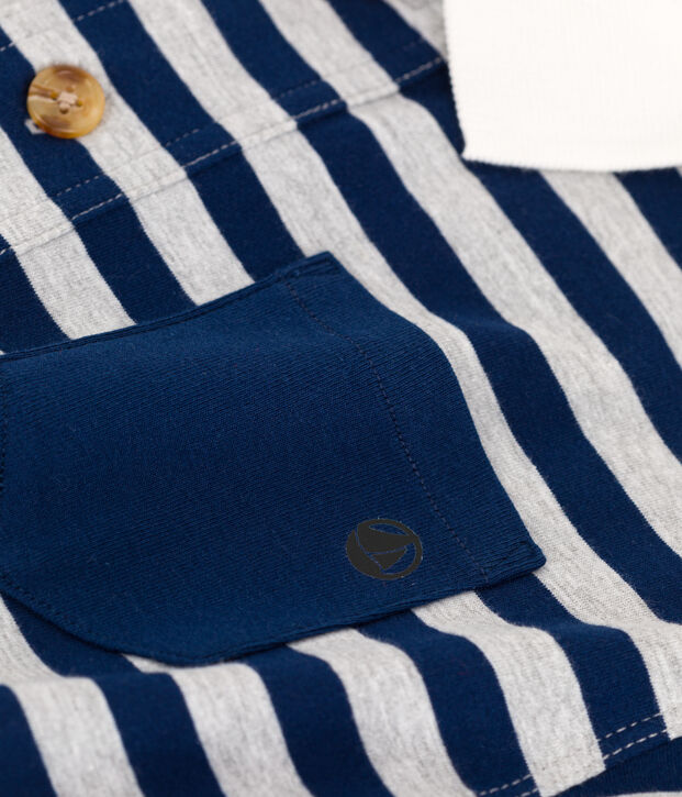 Gestreepte jongenspolo van katoen met lange mouwen blauw/grijs