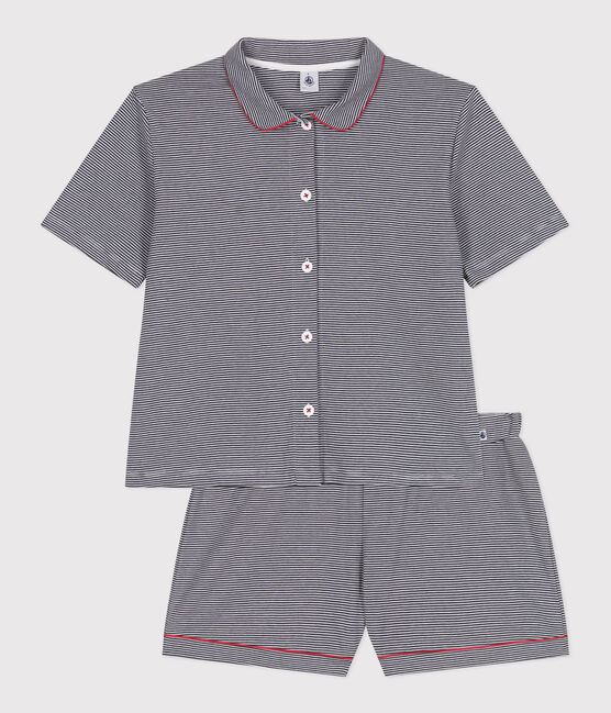 Gestreepte katoenen pyjama met knopen voor dames blauw SMOKING/wit MARSHMALLOW