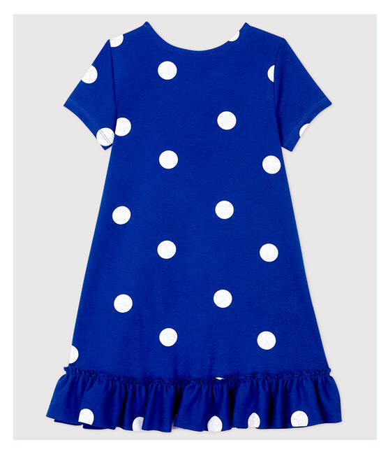 Jurk van katoen en linnen met korte mouwen voor meisjes blauw SURF/wit MARSHMALLOW