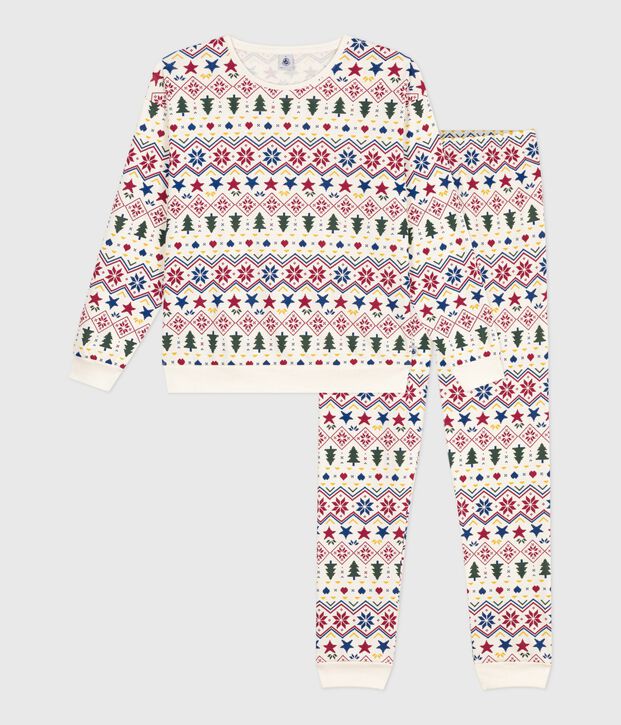 Pyjama femme en coton imprim&eacute; No&euml;l &eacute;cru/multicouleur