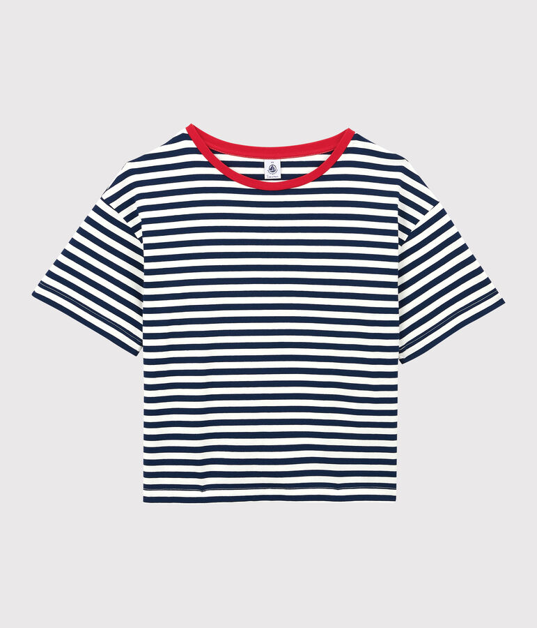 T-shirt voor dames in katoen, DE BOXY blauw/wit